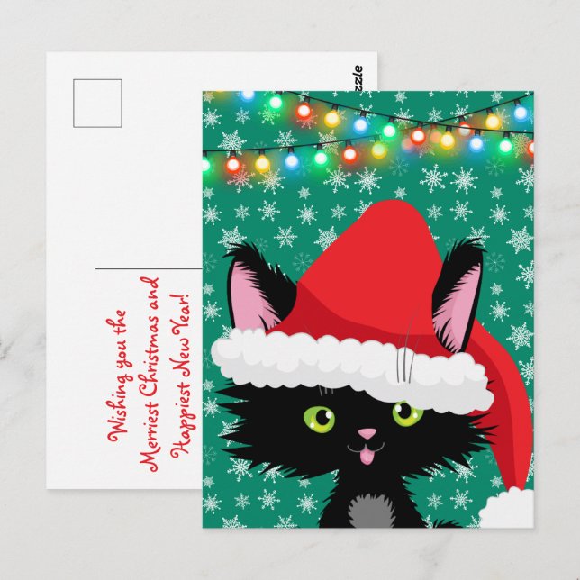 Weihnachtskatze mit Weihnachtsmannmütze Schneefloc Postkarte (Vorne/Hinten)