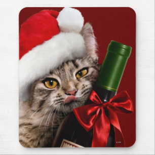 Weihnachtskatze mit Weinflasche Mousepad
