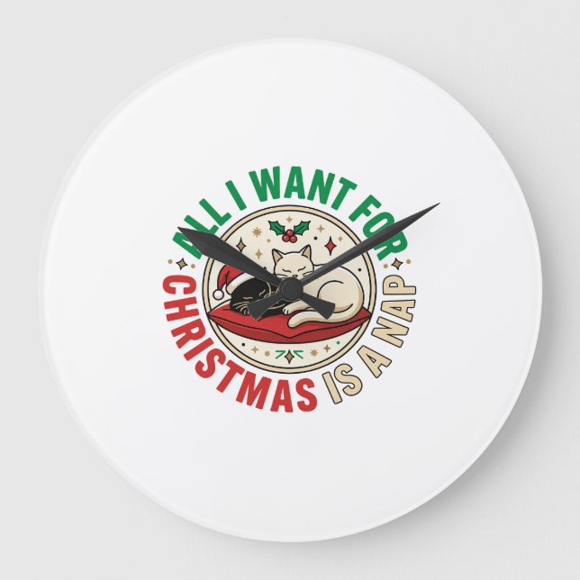 Weihnachtskatze-Nickerchen-Urlaubsdesign Große Wanduhr (Vorderseite)