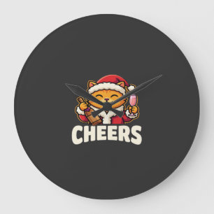 Weihnachtskatze Prostet Auf Feiertags-Trinken Große Wanduhr