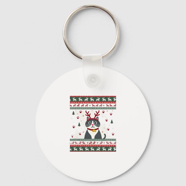 Weihnachtskatze Reindeer Ugly Christmas Sweater T- Schlüsselanhänger (Vorderseite)