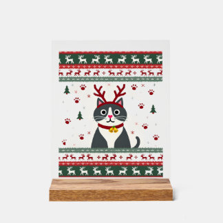 Weihnachtskatze Rentier hässliches Weihnachts-Shir Acrylschild