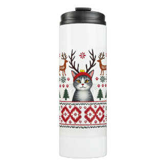 Weihnachtskatze Rentier hässliches Weihnachts-Swea Thermosbecher