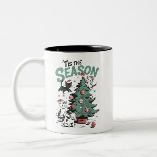 Weihnachtskatze Retro Die Jahreszeit Ist Da Meowy  Zweifarbige Tasse