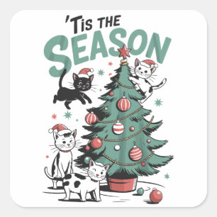 Weihnachtskatze Retro Die Zeit Ist Da Meowy Catmas Quadratischer Aufkleber