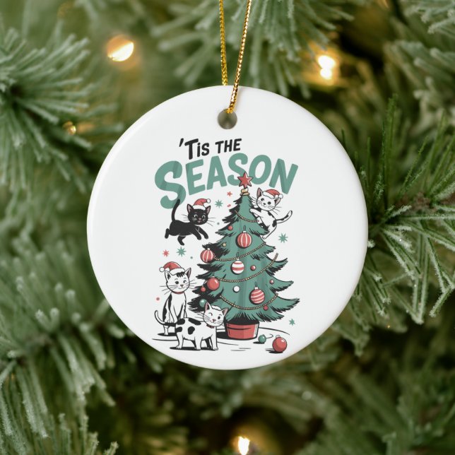 Weihnachtskatze Retro Dies ist die Jahreszeit Meow Keramik Ornament (Baum)