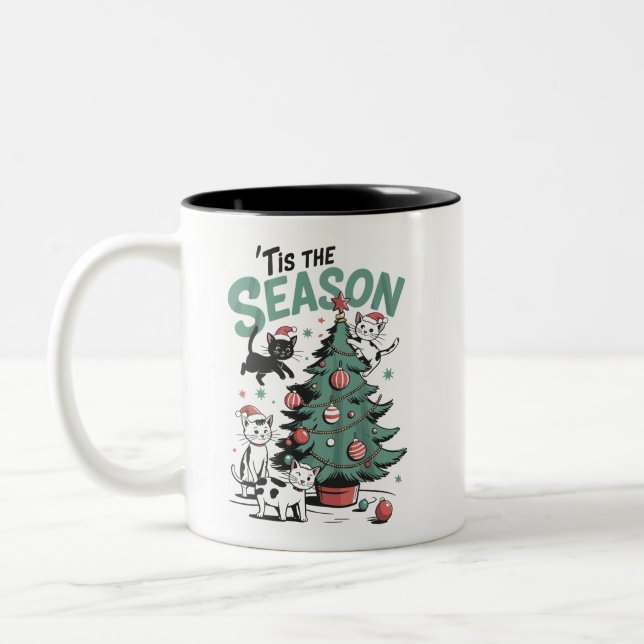 Weihnachtskatze Retro Dies ist die Jahreszeit Meow Zweifarbige Tasse (Links)