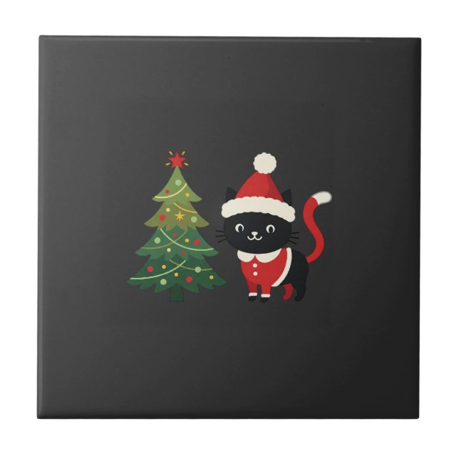 Weihnachtskatze Santa Baum Vektor Fliese (Vorderseite)
