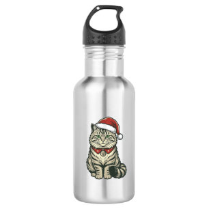 Weihnachtskatze Santa Hut Vintage Gravur Design_1 Edelstahlflasche
