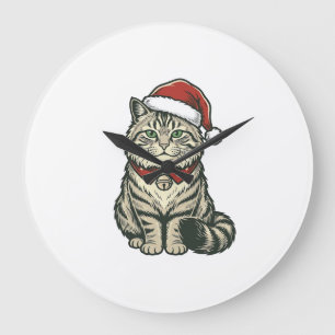 Weihnachtskatze Santa Hut Vintage Gravur Design_1 Große Wanduhr