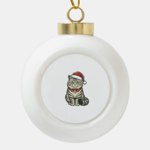 Weihnachtskatze Santa Hut Vintage Gravur Design_1 Keramik Kugel-Ornament