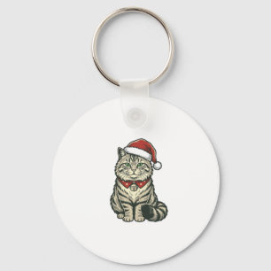 Weihnachtskatze Santa Hut Vintage Gravur Design_1 Schlüsselanhänger