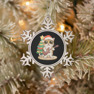 Weihnachtskatze spielt Gitarre Rock Jazz Xmas Hut Schneeflocken Zinn-Ornament