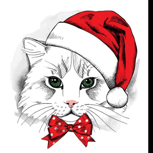Weihnachtskatze Truckerkappe (illustration of a white cat wearing a red Santa hat and a red bow tie with white polka dots.)