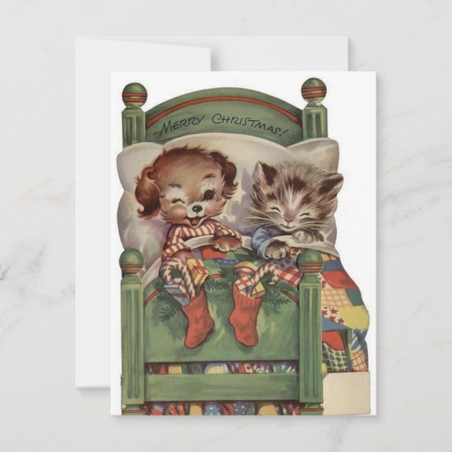 Weihnachtskatze und Hund im Bett Feiertagskarte (Vorderseite)