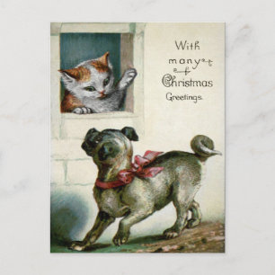 Weihnachtskatze und -hund im viktorianischen Stil Postkarte