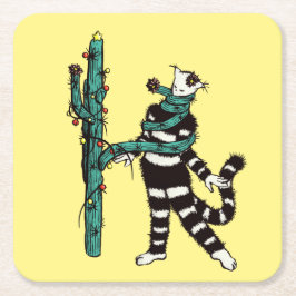 Weihnachtskatze und Kaktus komische WeihnachtsWeih Rechteckiger Pappuntersetzer