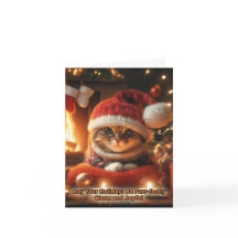 Weihnachtskatze vor der Feuergrüßkarte