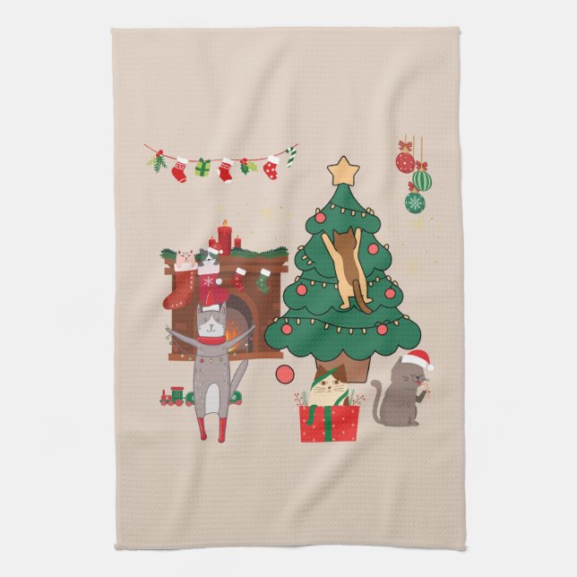 Weihnachtskatzen Chaos Geschirrtuch (Vertikal)
