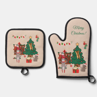Weihnachtskatzen Chaos Ofenhandschuh & Topflappen-Set