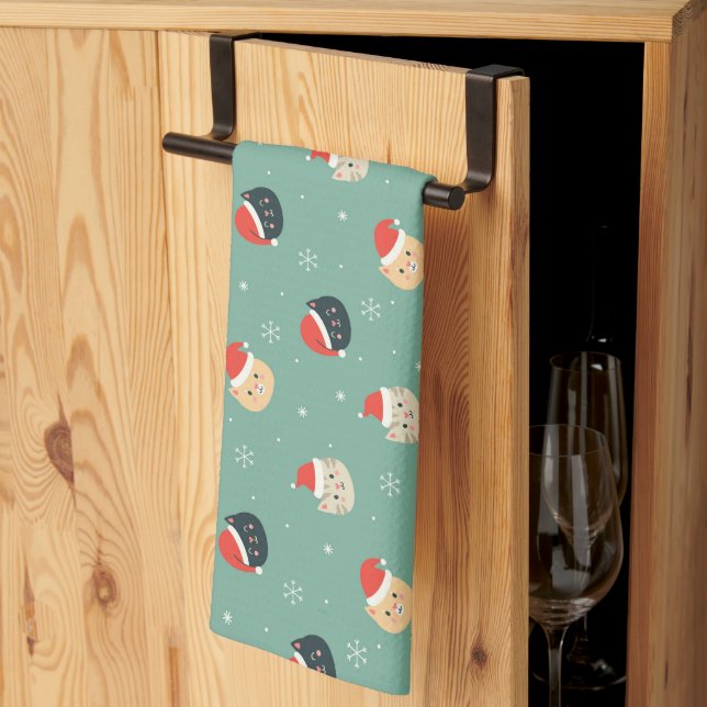 Weihnachtskatzen in Weihnachtsmannmützen Muster Geschirrtuch (Drittel gefaltet)