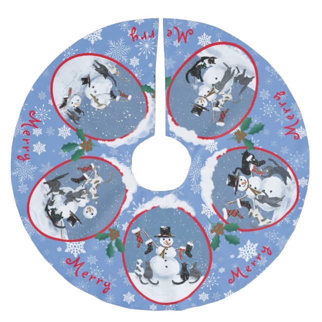 Weihnachtskatzen und Schneemann 5 Szenen Polyester Weihnachtsbaumdecke (Vorderseite)