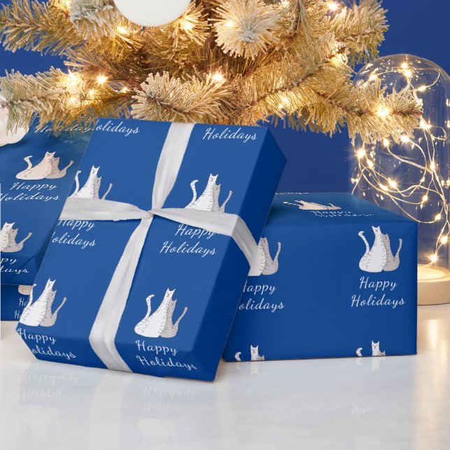 Weihnachtskatzen Zeichnend Happy Holidays Blue Geschenkpapier (Feiertage)