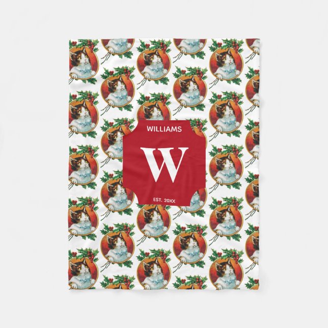 Weihnachtskatzenfest Mit Monogramm Fleecedecke (Vorderseite)