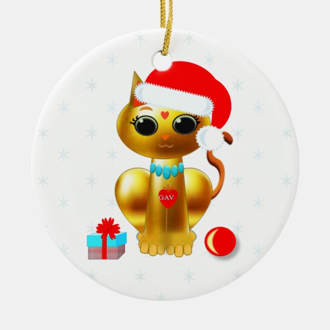 Weihnachtskatzenkätzchen Cartoon Keramik Ornament (Vorne)
