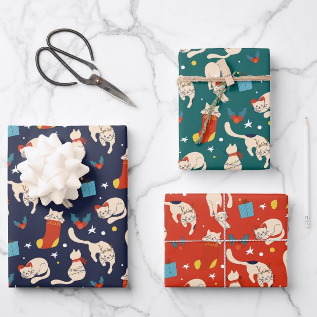 Weihnachtskatzenskandinavier, moderner, heller Tri Geschenkpapier Set (Vorderseite)