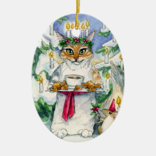 Weihnachtskatzenverzierung Sankt Lucia Keramikornament