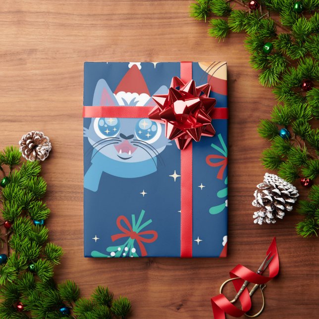 Weihnachtskatzenwaschpapier Geschenkpapier (The cats are in shades of blue and orange, with one wearing a red Santa hat!)