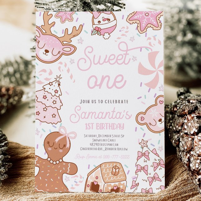 Weihnachtskeks zum ersten Geburtstag Einladung (Christmas cookie first birthday invitation with gingerbread, holiday treats, and festive red and gre)