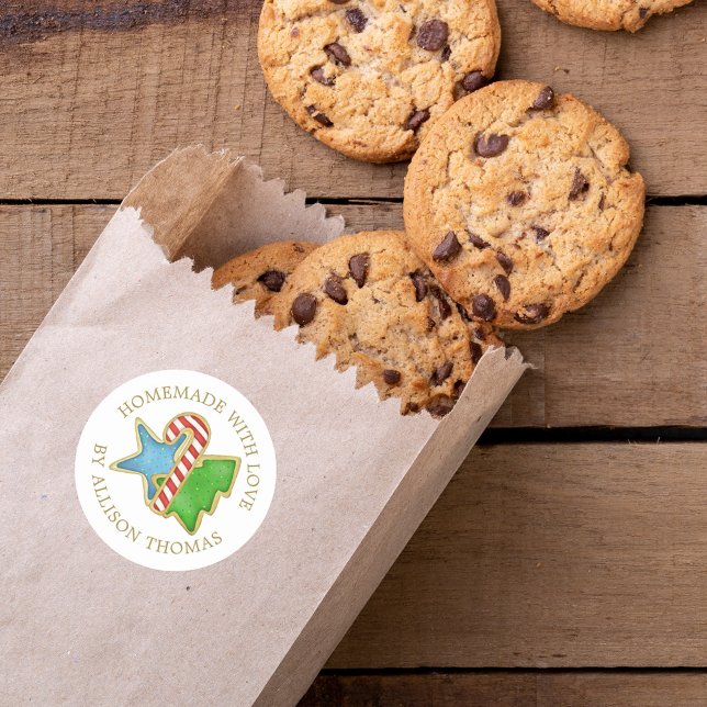 Weihnachtskekse hausgemacht mit Liebe-Label Runder Aufkleber (Christmas watercolor cookies cute colorful round sticker. "Homemade with Love")