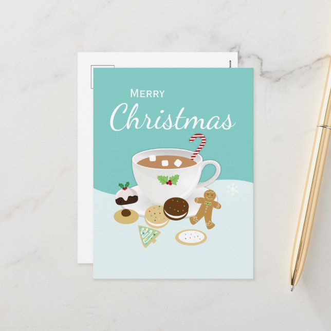 Weihnachtskekse und heiße Schokolade Feiertagspostkarte (Vorderseite/Rückseite Beispiel)