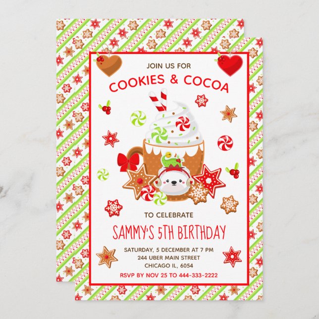 Weihnachtskekse und Kakao Geburtstag Grün Einladung (Vorne/Hinten)