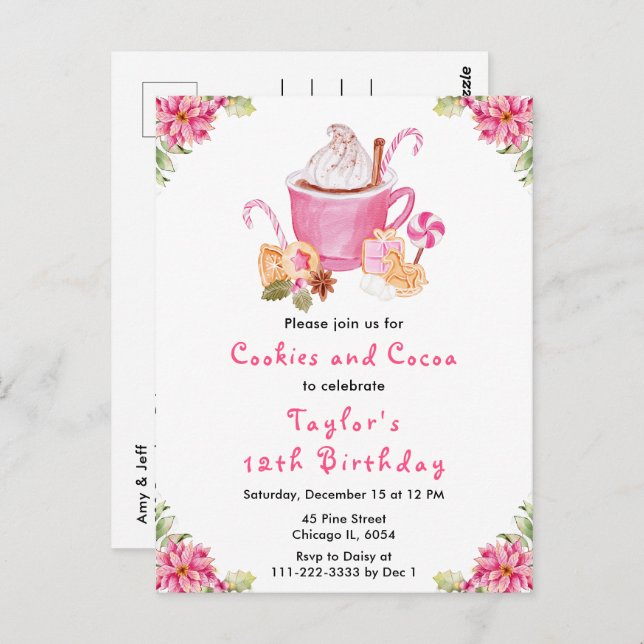 Weihnachtskekse und Kakao Geburtstagsparty Pink Postkarte (Vorne/Hinten)