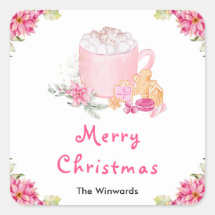 Weihnachtskekse und Kakao Rosa Frohe Weihnachten Quadratischer Aufkleber