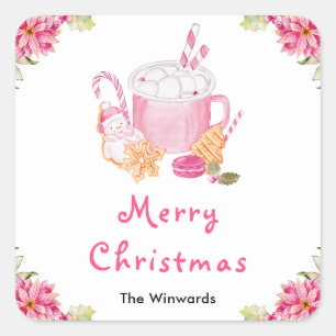 Weihnachtskekse und Kakao Rosa Frohe Weihnachten Quadratischer Aufkleber