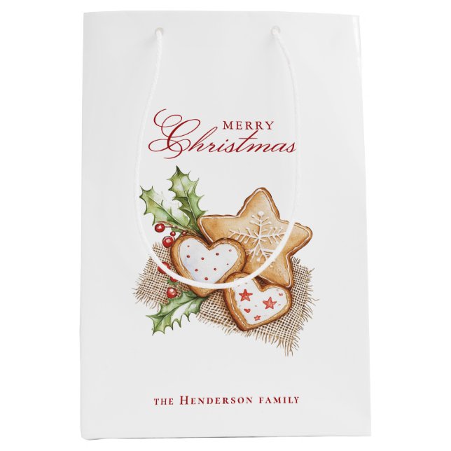 Weihnachtskekse und Pine White Individuelle Name Mittlere Geschenktüte (Vorderseite)