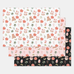 Weihnachtskekse und rotes Blattwerk Geschenkpapier Set