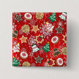 Weihnachtskekse und Schneeflocken auf Rot Button