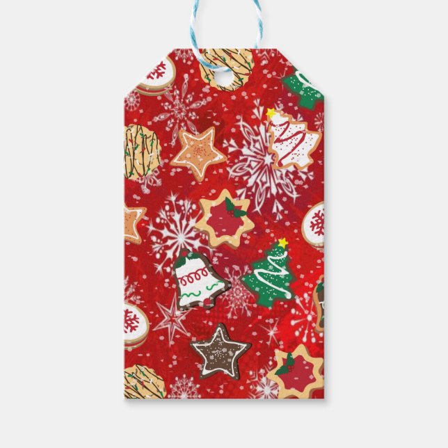 Weihnachtskekse und Schneeflocken auf Rot Geschenkanhänger (Vorderseite)