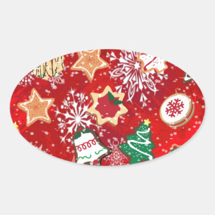 Weihnachtskekse und Schneeflocken auf Rot Ovaler Aufkleber