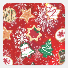 Weihnachtskekse und Schneeflocken auf Rot Quadratischer Aufkleber