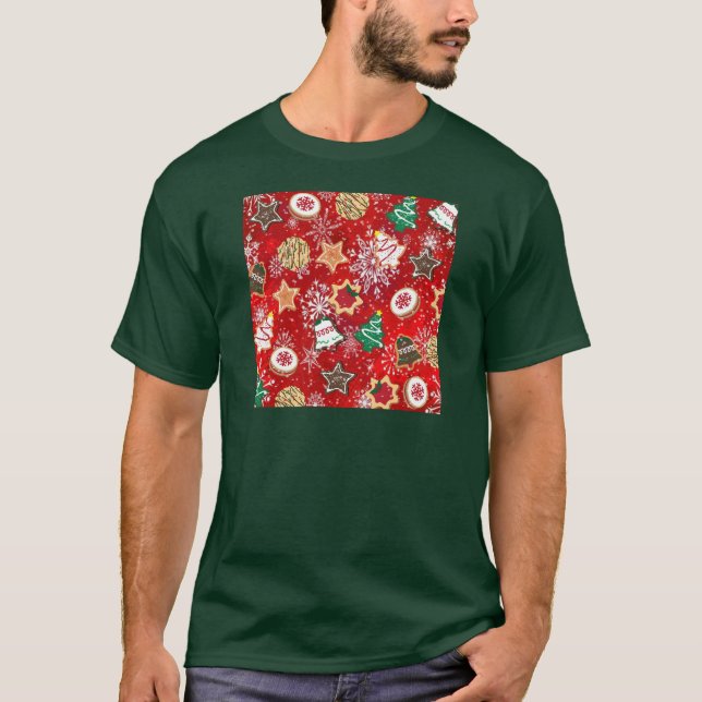 Weihnachtskekse und Schneeflocken auf Rot T-Shirt (Vorderseite)
