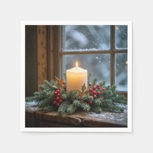 Weihnachtskerze im Winterfenster Serviette
