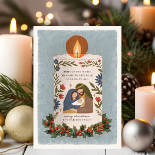 Weihnachtskerze mit Krippenszene und Stechpalme ge Feiertagskarte