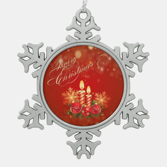 Weihnachtskerzen, Bälle, Schneeflocken Schneeflocken Zinn-Ornament (Vorderseite)