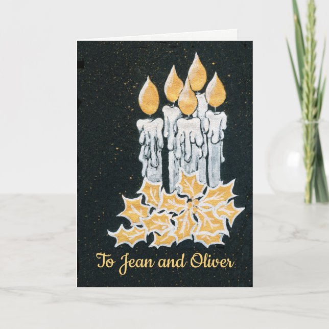 Weihnachtskerzen und Holly zu personalisieren Karte (Vorderseite)